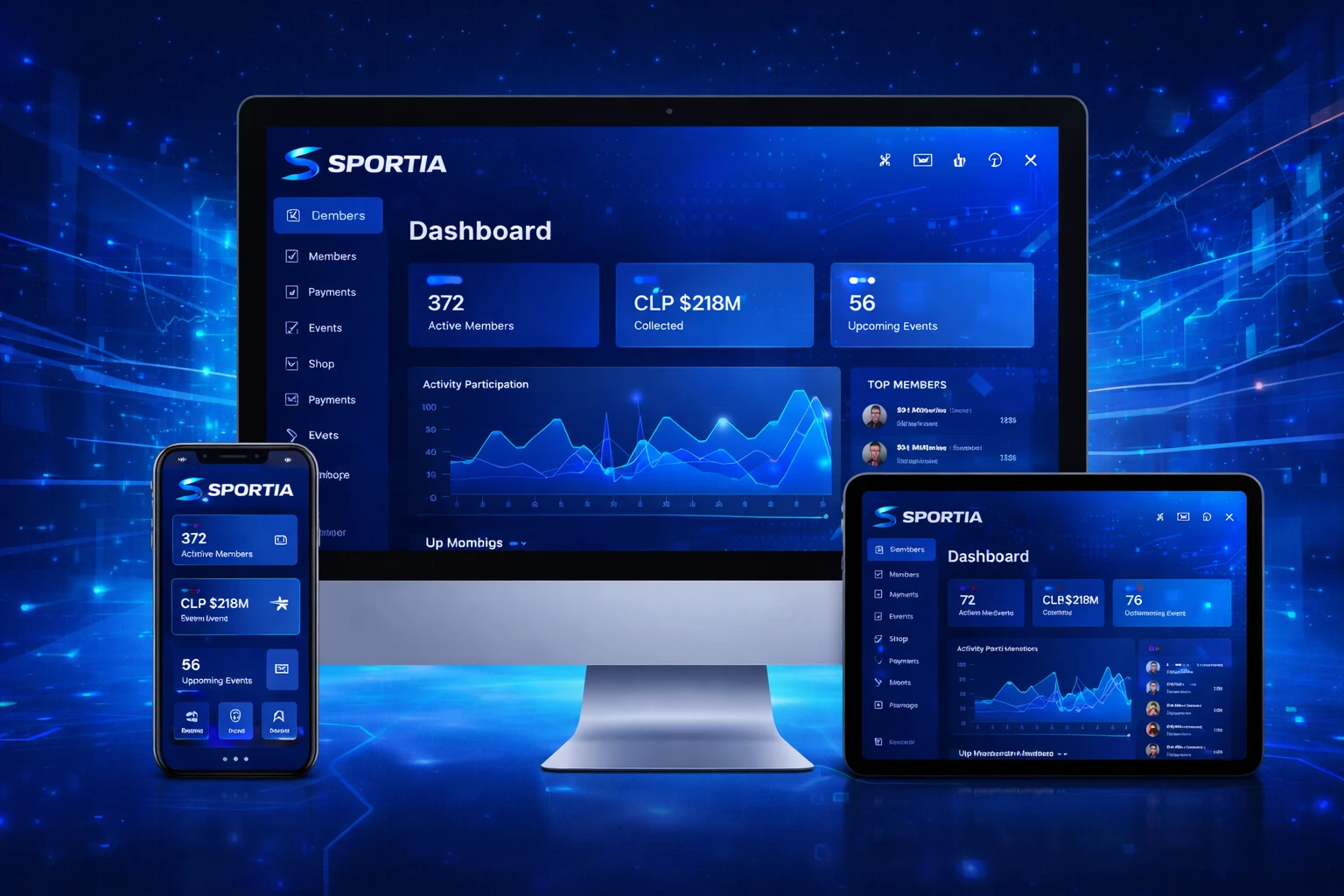 Dashboard de Sportia visualizado en PC, laptop, tablet y celular